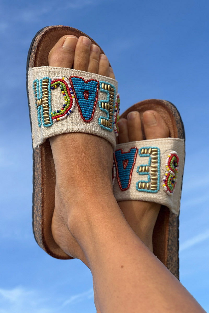 Mules confort forme du pied bride tissu broderie perles colorées Beach