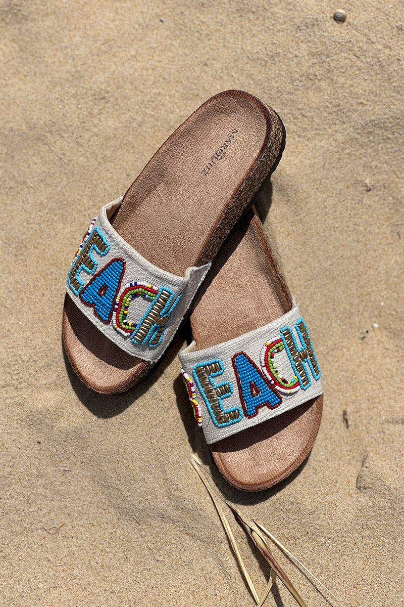 Mules confort forme du pied bride tissu broderie perles colorées Beach