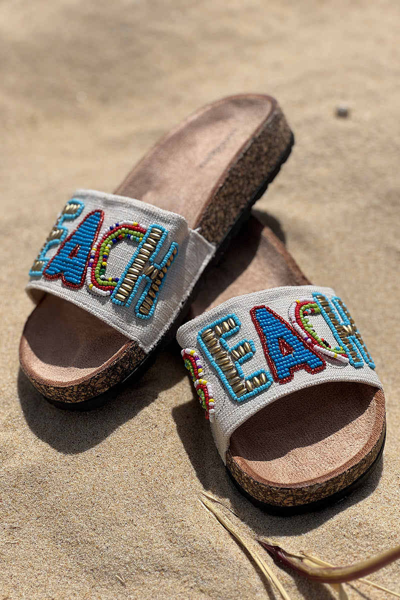 Mules confort forme du pied bride tissu broderie perles colorées Beach