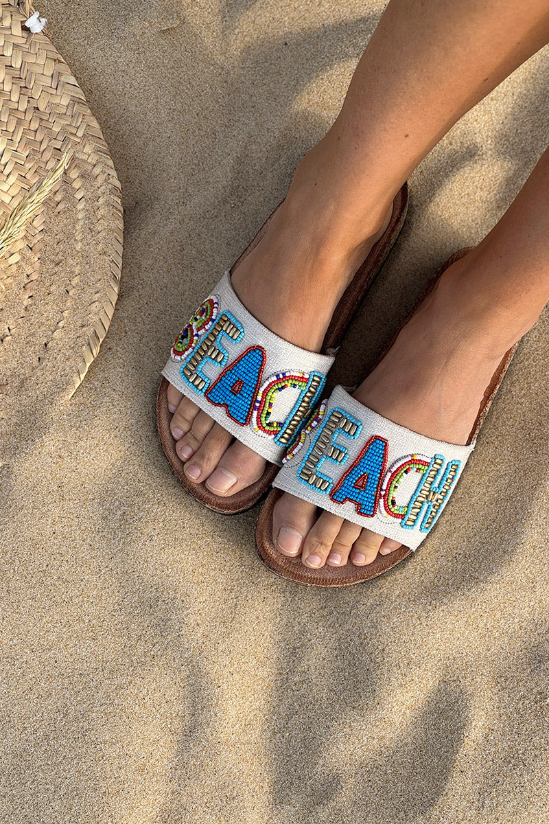 Mules confort forme du pied bride tissu broderie perles colorées Beach