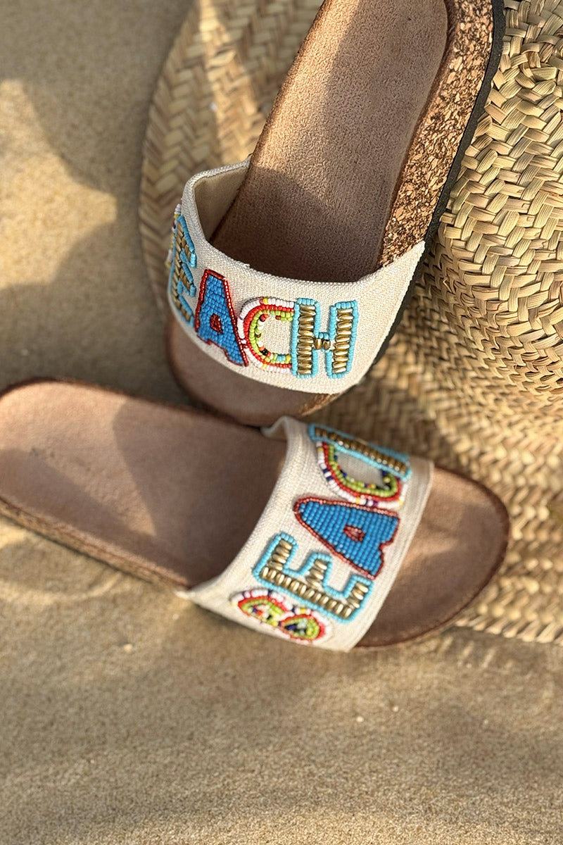 Mules confort forme du pied bride tissu broderie perles colorées Beach