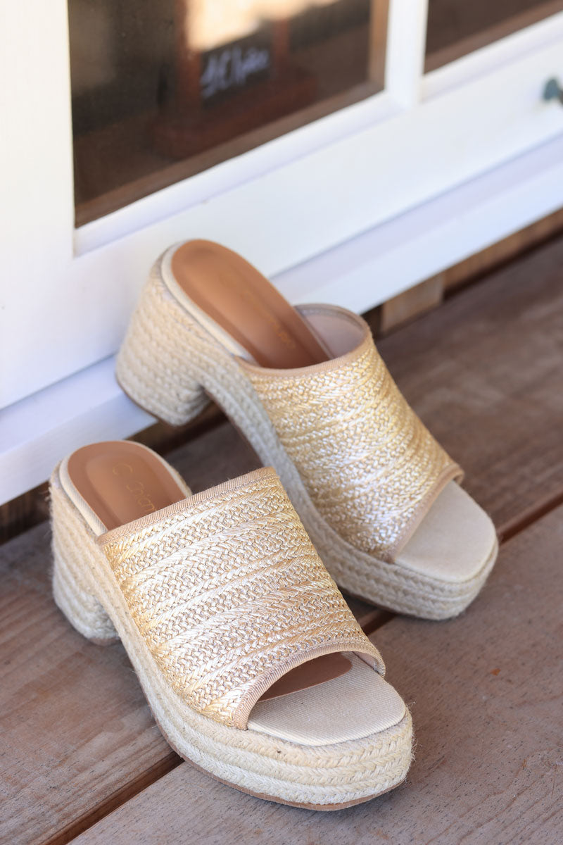 Gold woven rope mules with heels