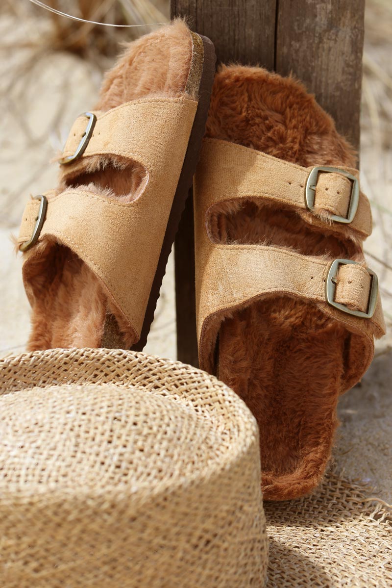 Camel moulded sandals with faux fur sole