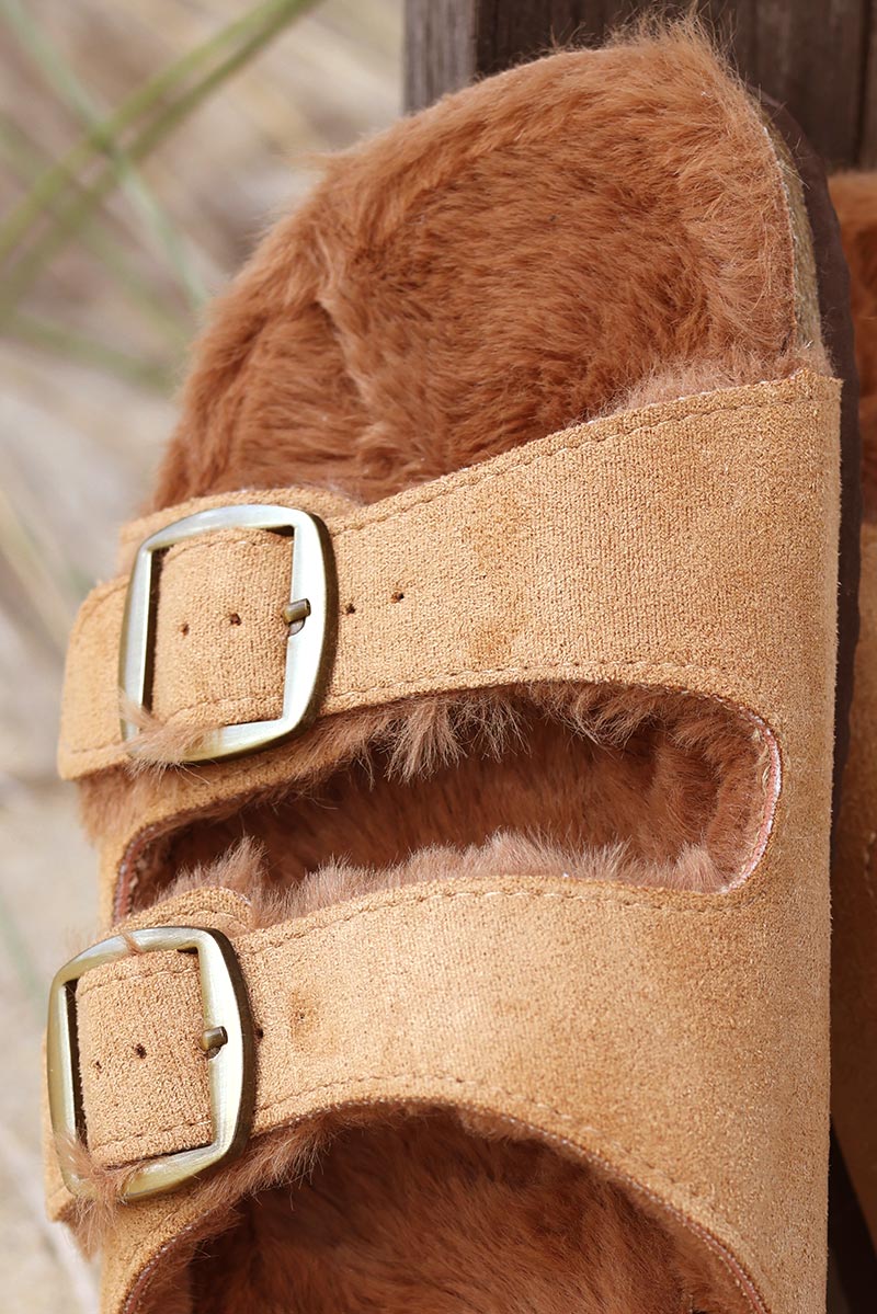 Camel moulded sandals with faux fur sole