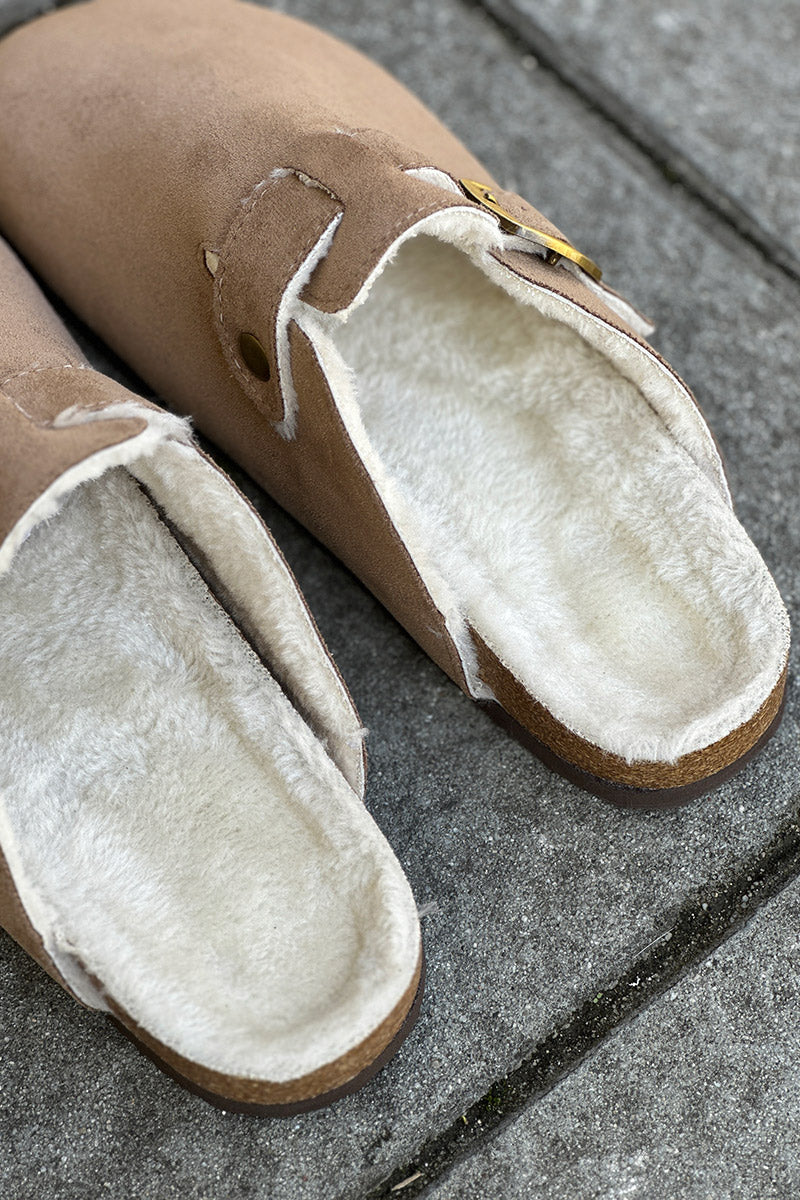 Taupe Suedette and Faux Fur Clogs
