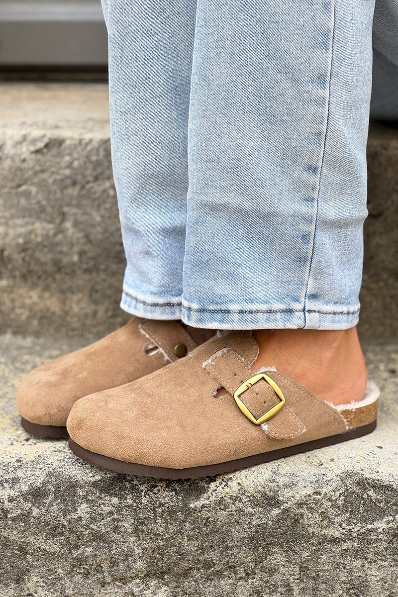 Taupe Suedette and Faux Fur Clogs