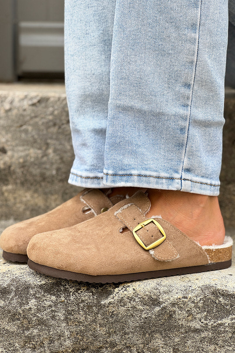 Taupe Suedette and Faux Fur Clogs