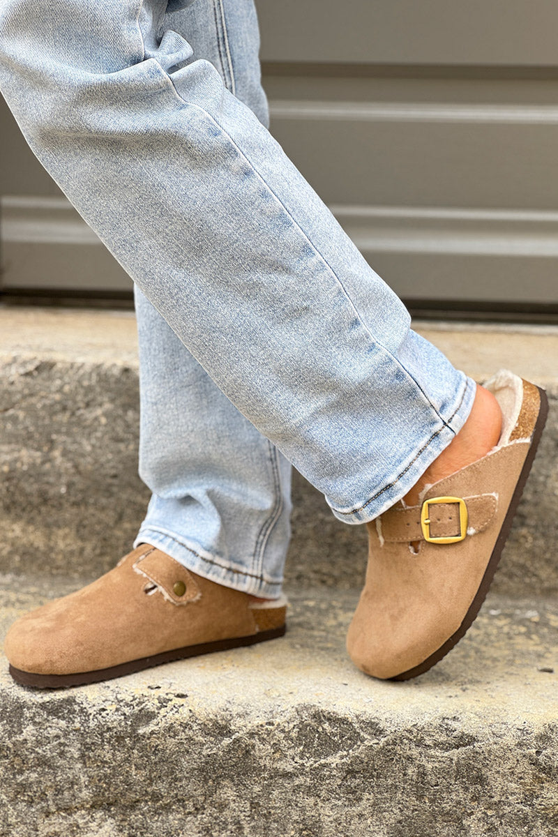 Taupe Suedette and Faux Fur Clogs