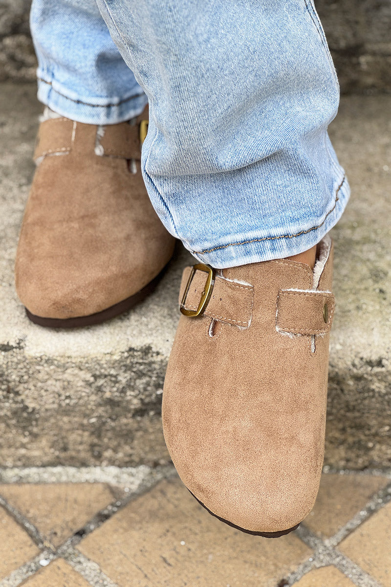 Taupe Suedette and Faux Fur Clogs