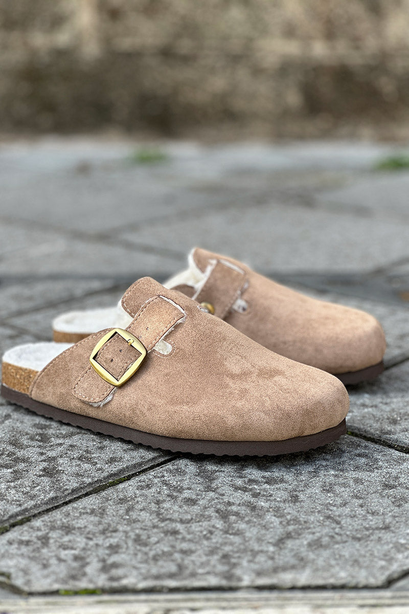 Taupe Suedette and Faux Fur Clogs