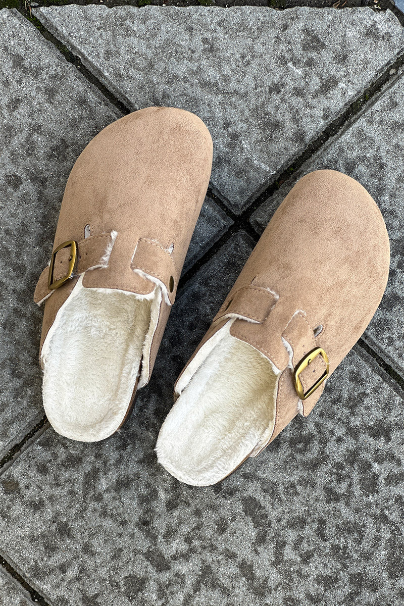 Taupe Suedette and Faux Fur Clogs
