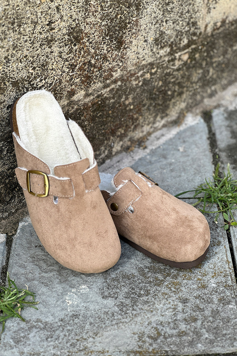 Taupe Suedette and Faux Fur Clogs