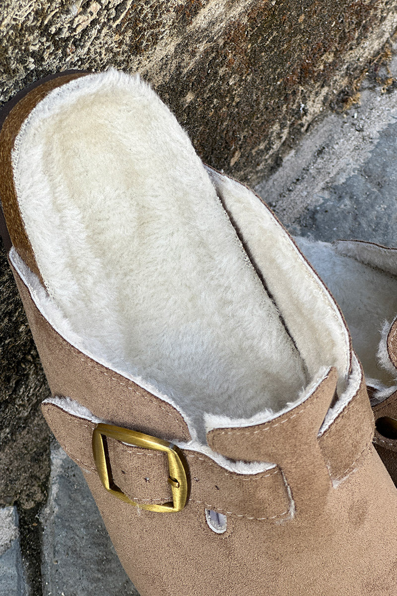 Taupe Suedette and Faux Fur Clogs