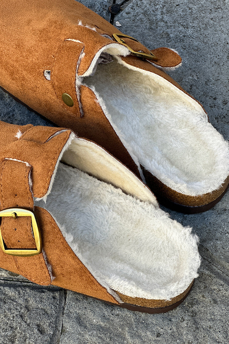 Camel Suedette and Faux Fur Clogs