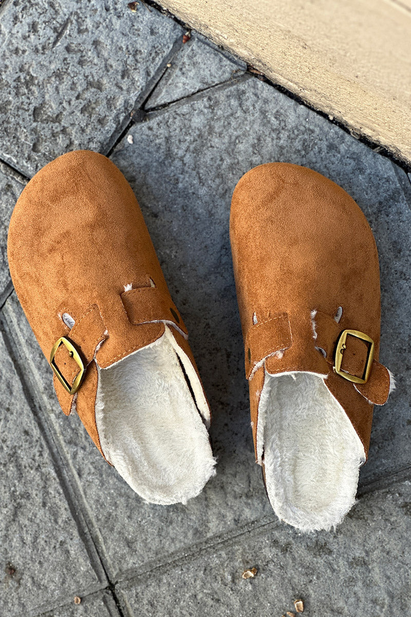 Camel Suedette and Faux Fur Clogs