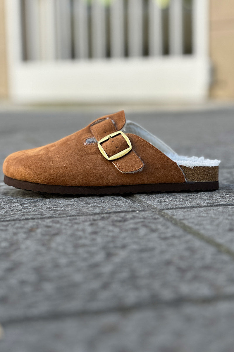 Camel Suedette and Faux Fur Clogs