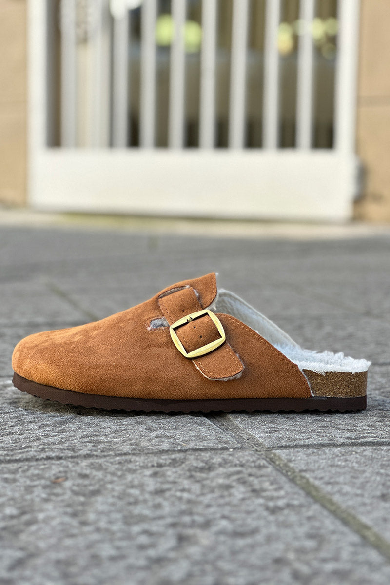 Camel Suedette and Faux Fur Clogs