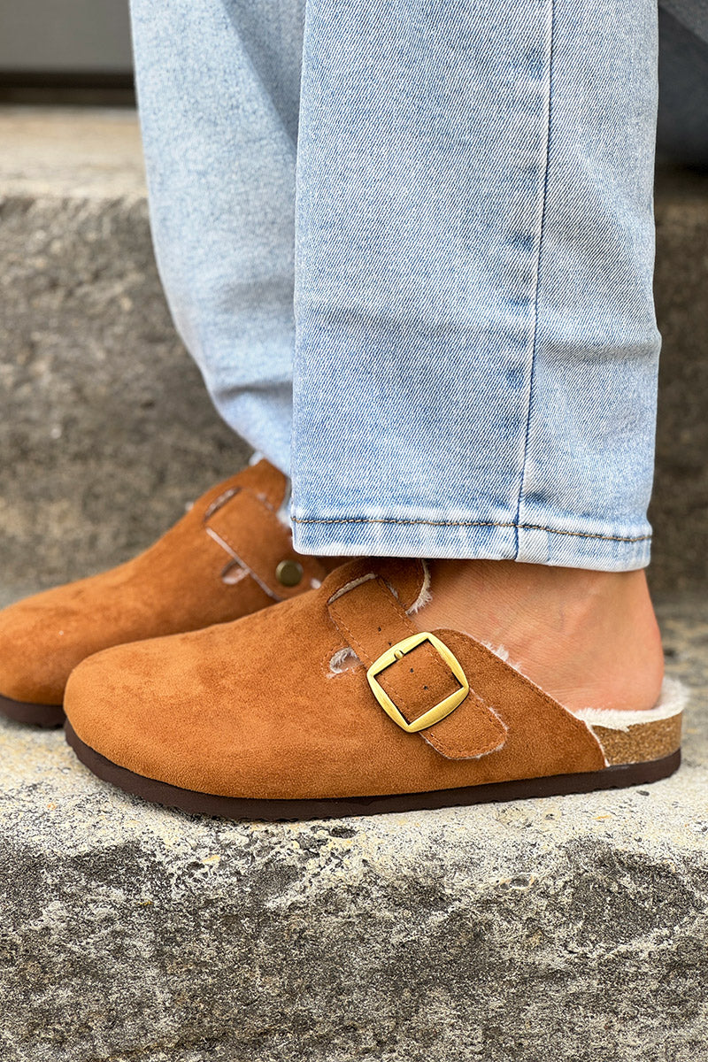 Camel Suedette and Faux Fur Clogs