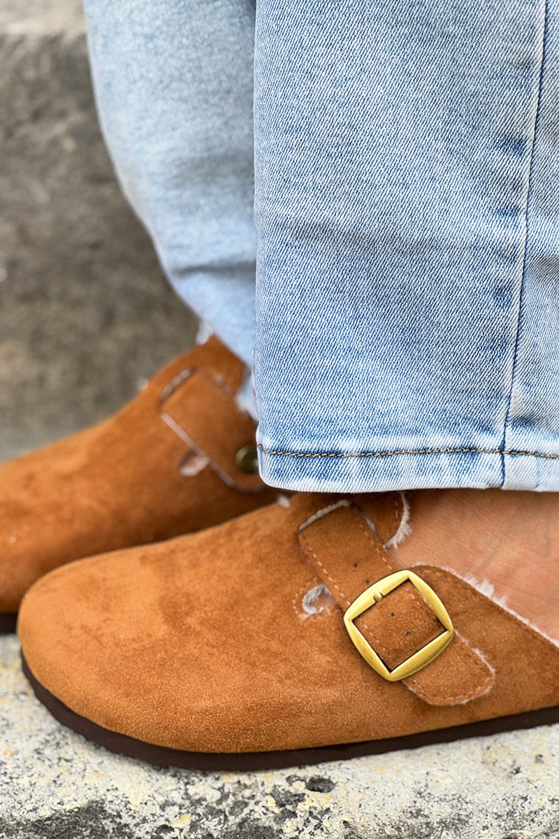 Camel Suedette and Faux Fur Clogs