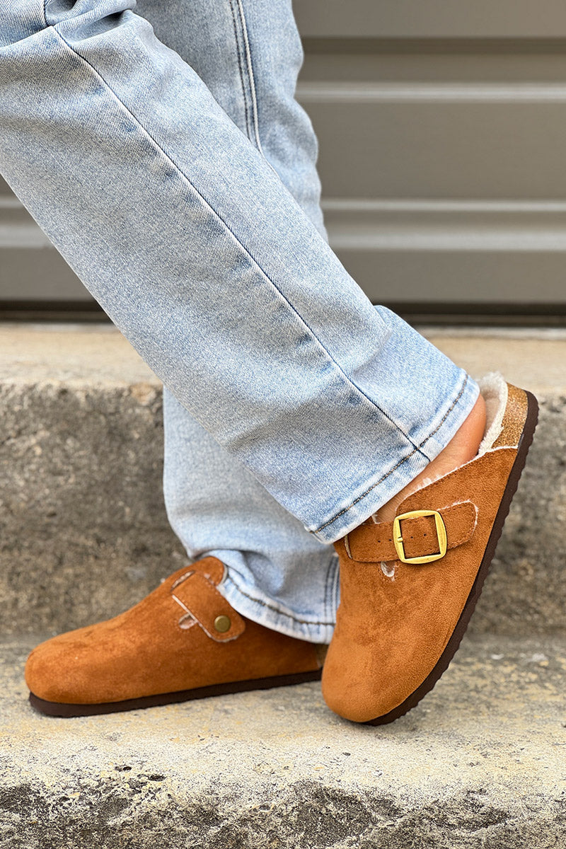 Camel Suedette and Faux Fur Clogs