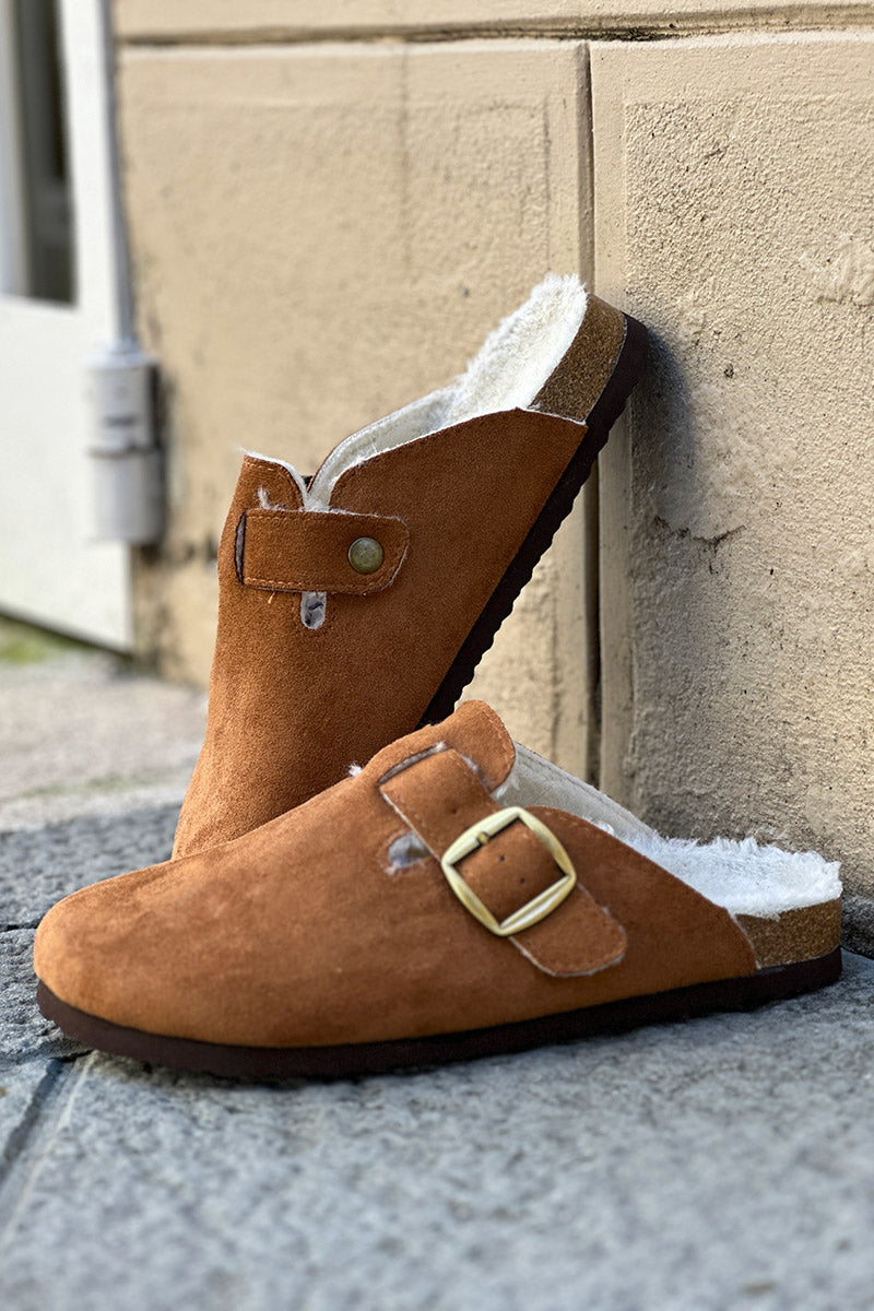Camel Suedette and Faux Fur Clogs