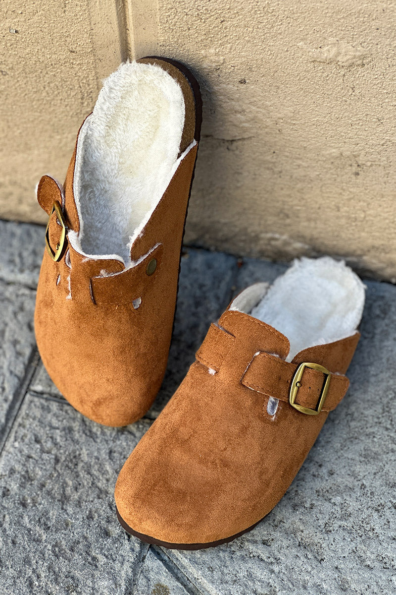Camel Suedette and Faux Fur Clogs