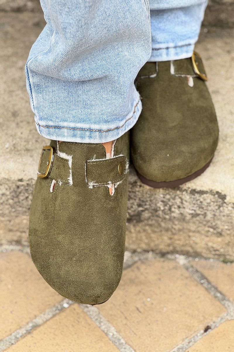 Olive Suedette and Faux Fur Clogs