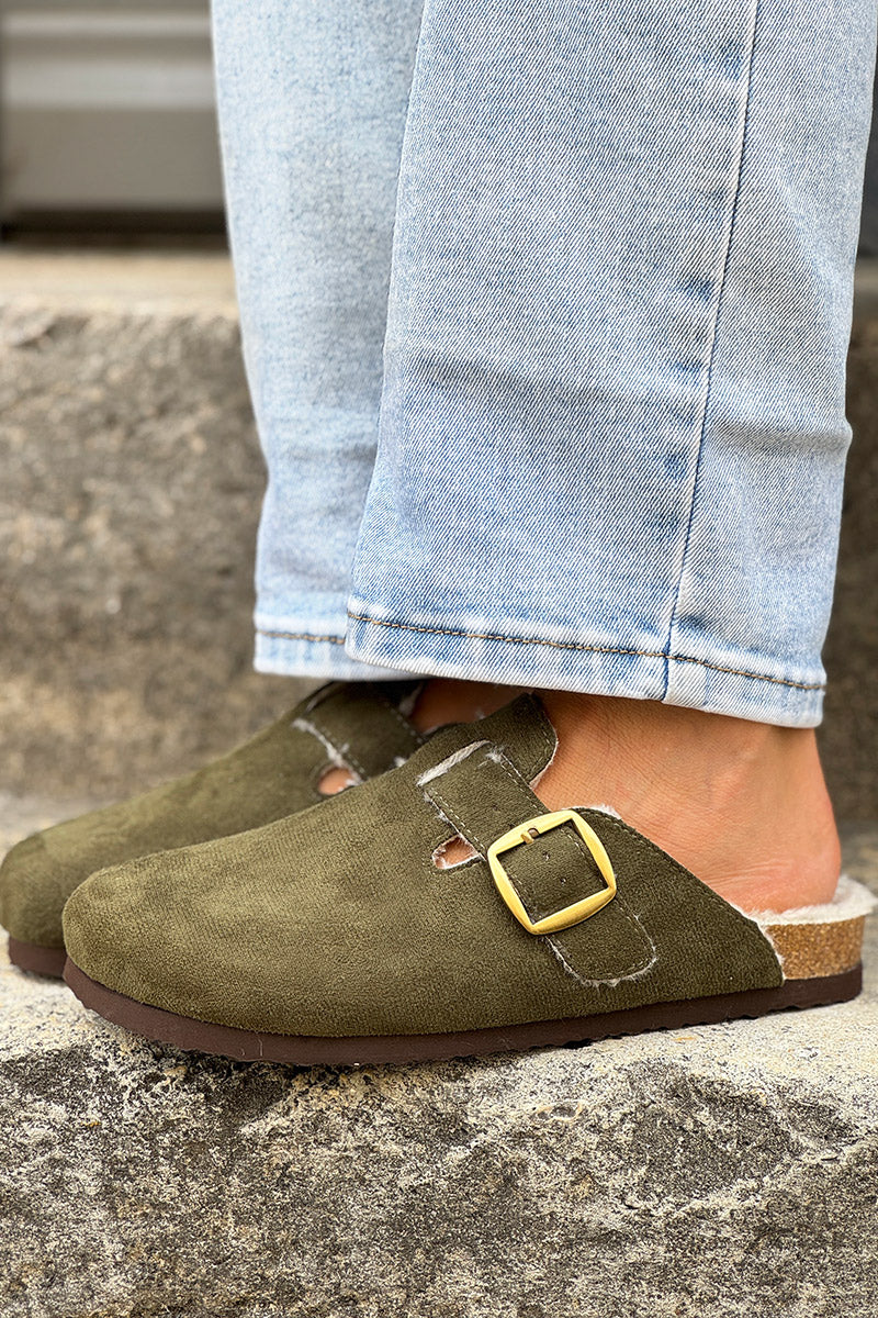 Olive Suedette and Faux Fur Clogs
