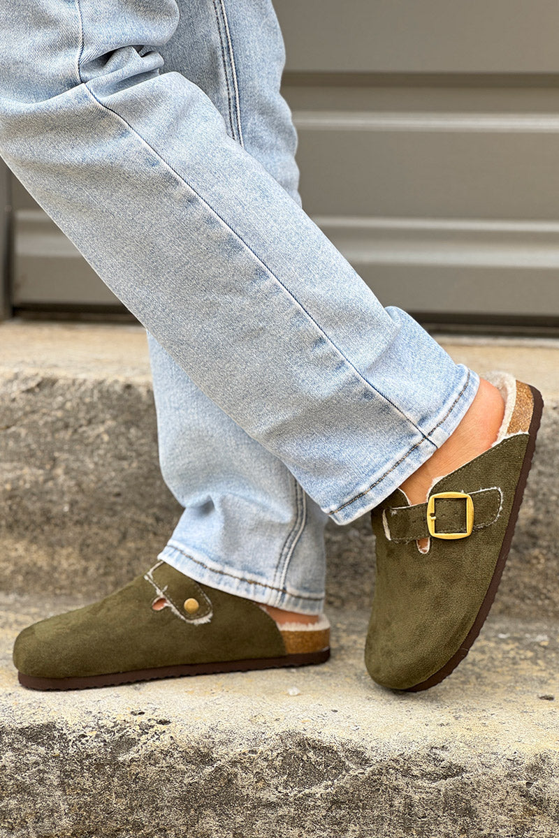 Olive Suedette and Faux Fur Clogs