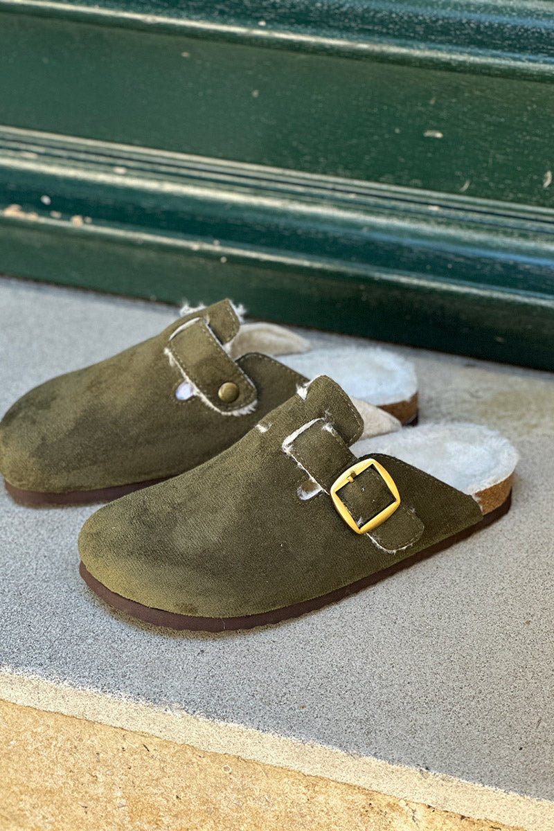 Olive Suedette and Faux Fur Clogs