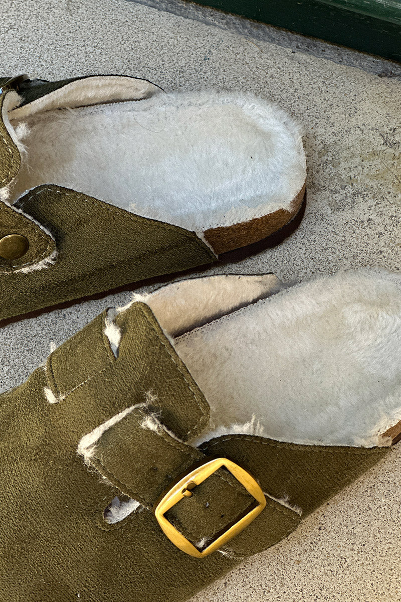 Olive Suedette and Faux Fur Clogs