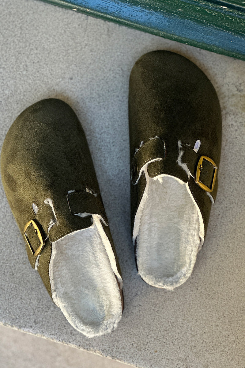 Olive Suedette and Faux Fur Clogs