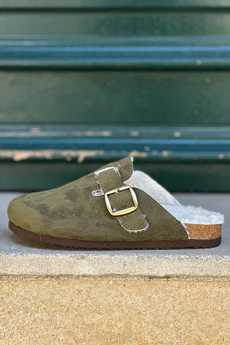 Olive Suedette and Faux Fur Clogs