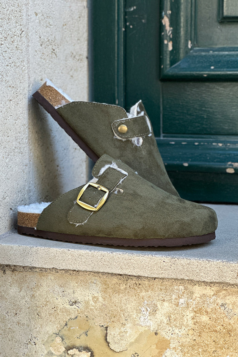 Olive Suedette and Faux Fur Clogs