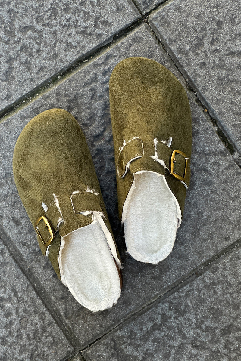 Olive Suedette and Faux Fur Clogs