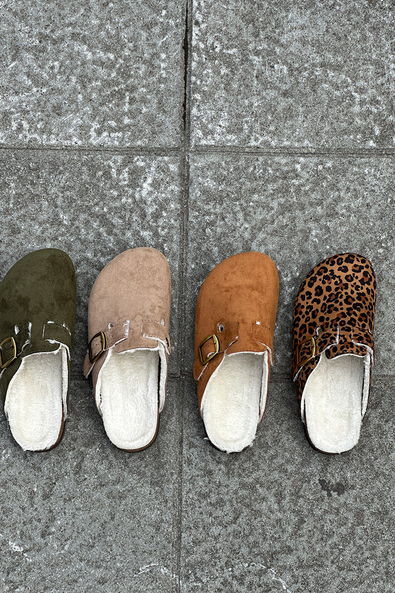 Olive Suedette and Faux Fur Clogs