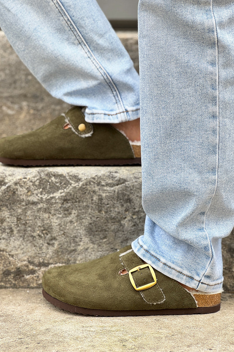 Olive Suedette and Faux Fur Clogs