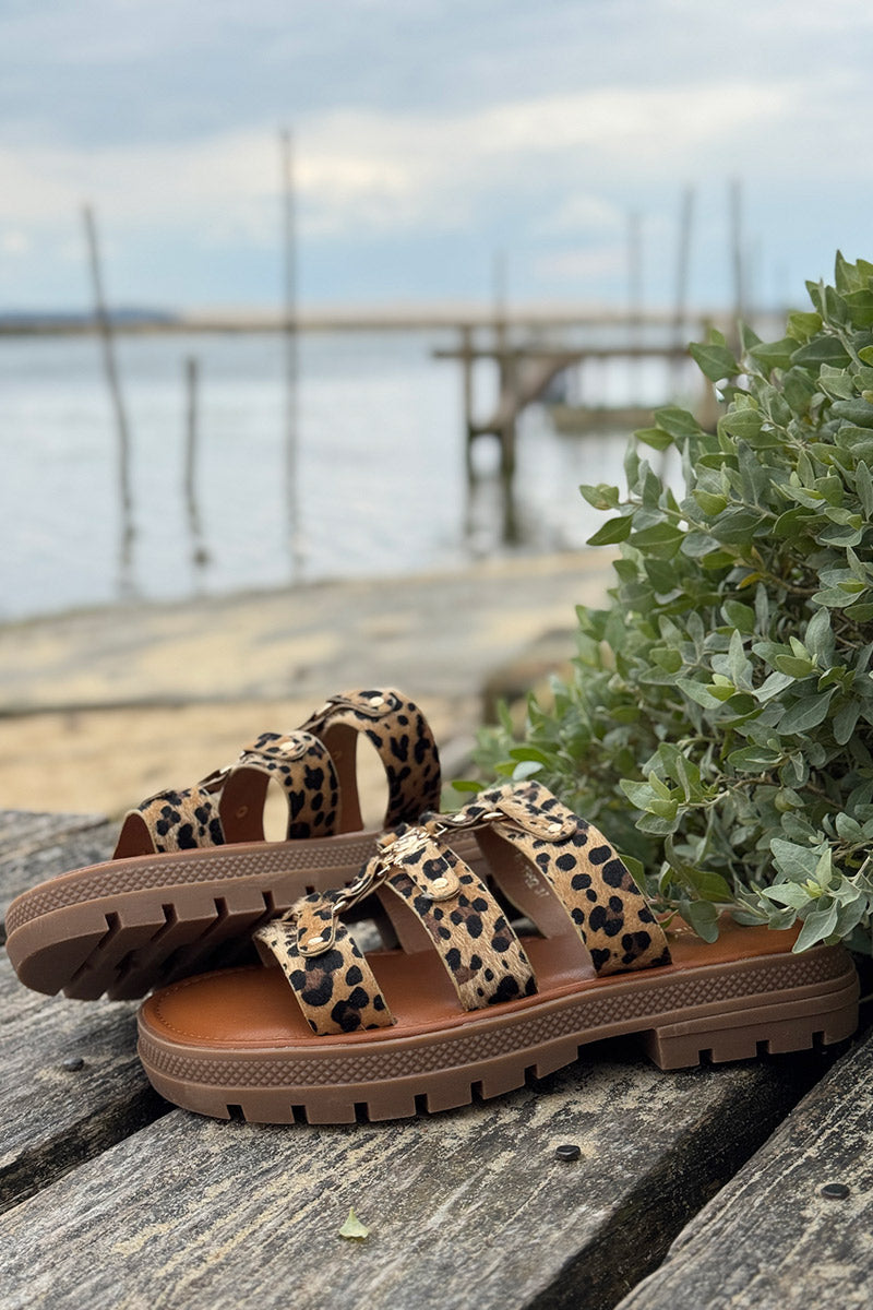 Leopard Print Triple Strap Gladiator Slides