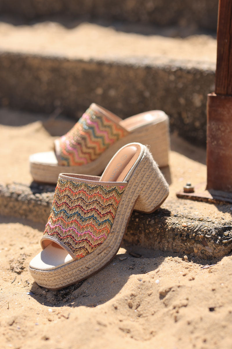 Multicolor woven rope mules with heels