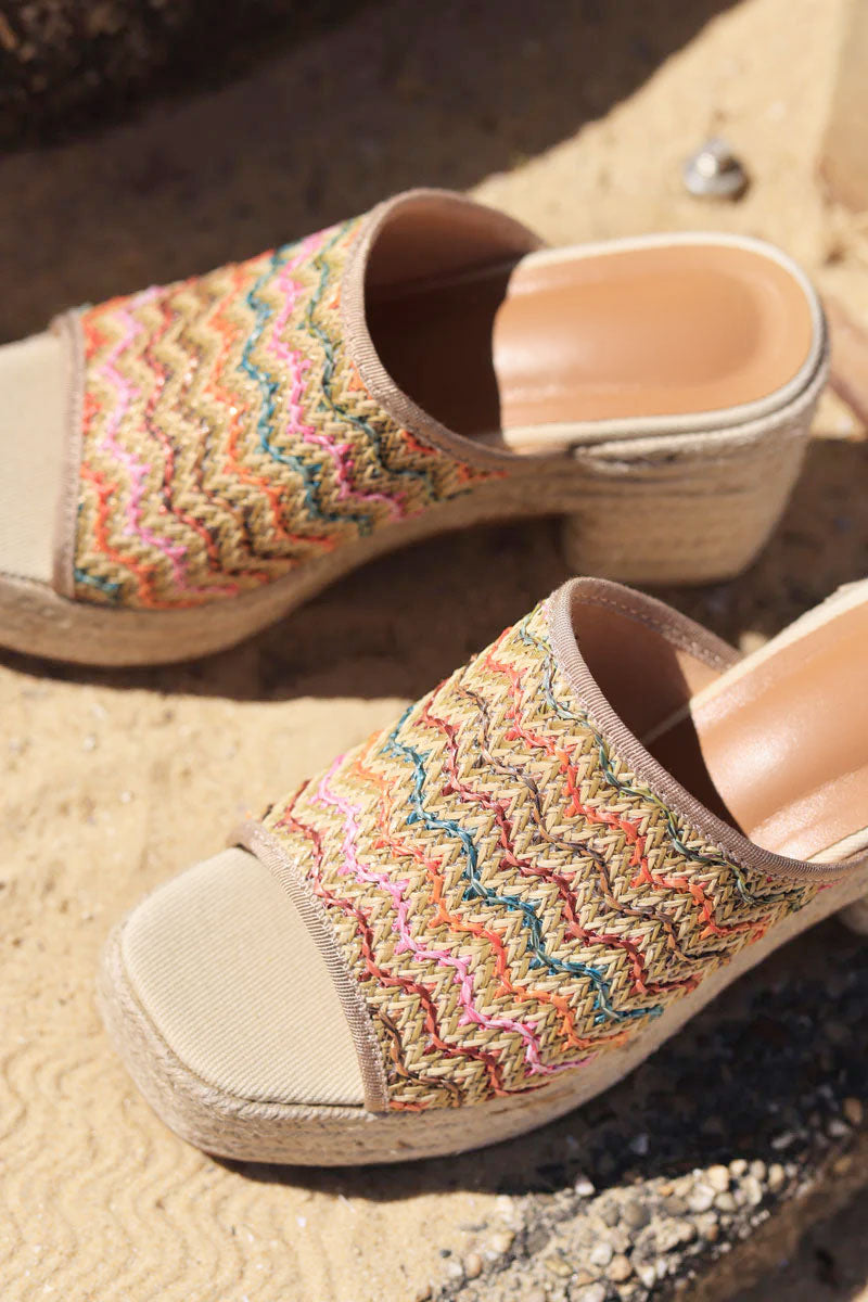 Multicolor woven rope mules with heels