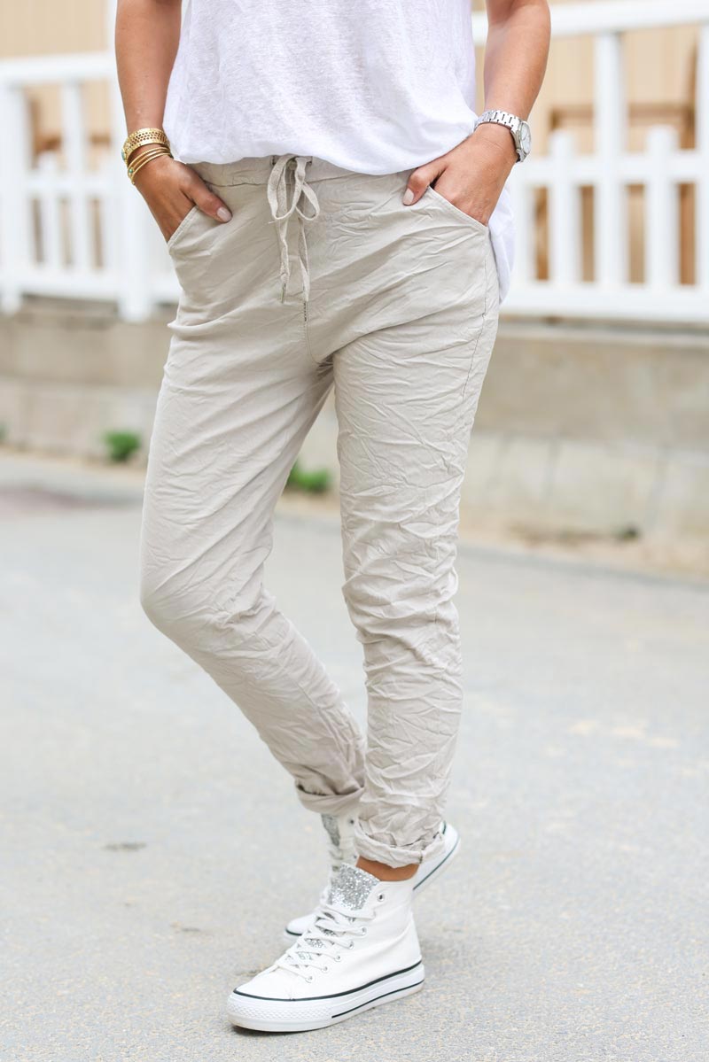 Beige creased effect trousers elasticated waist