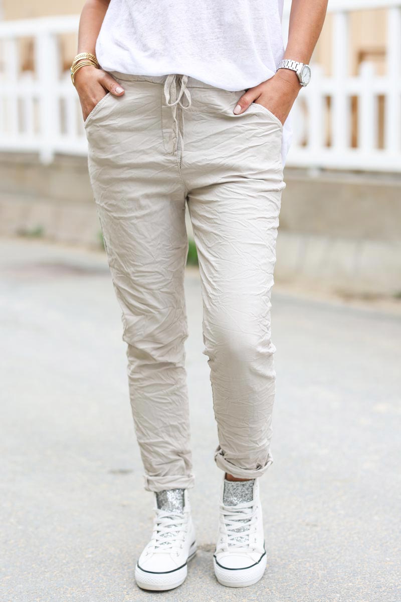 Beige creased effect trousers elasticated waist