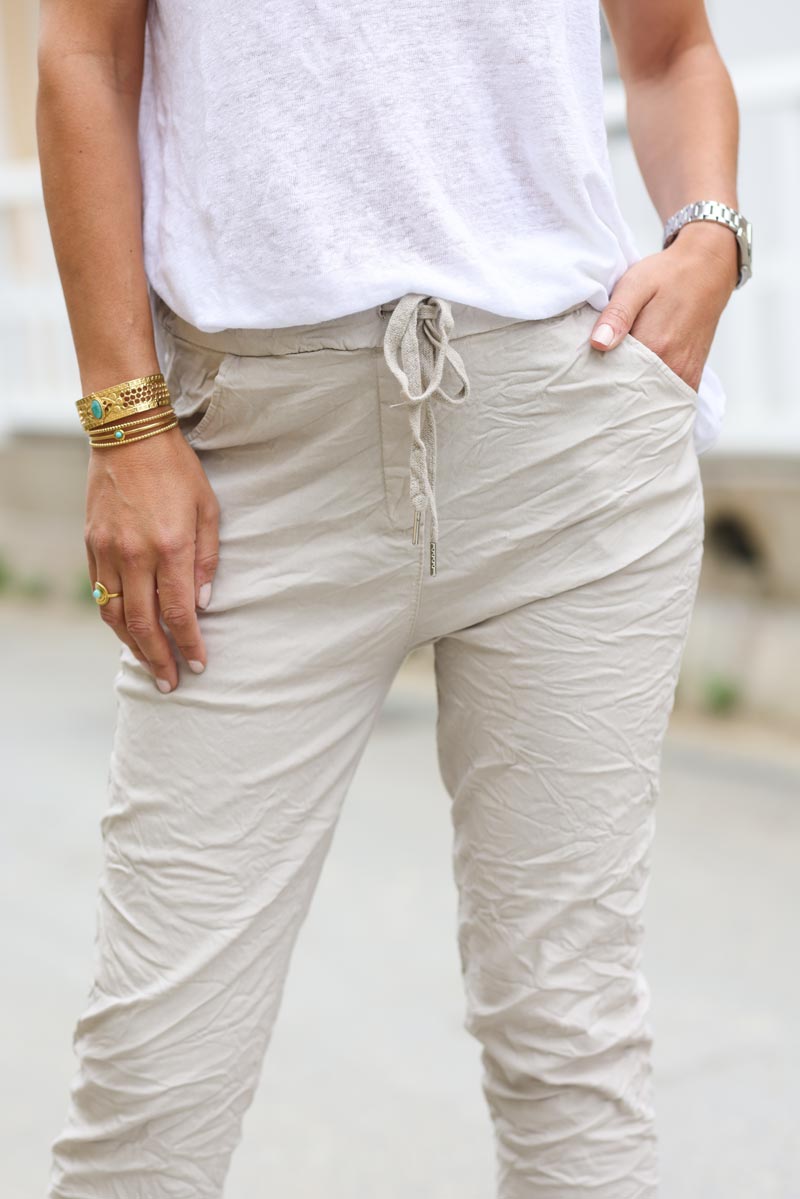 Beige creased effect trousers elasticated waist