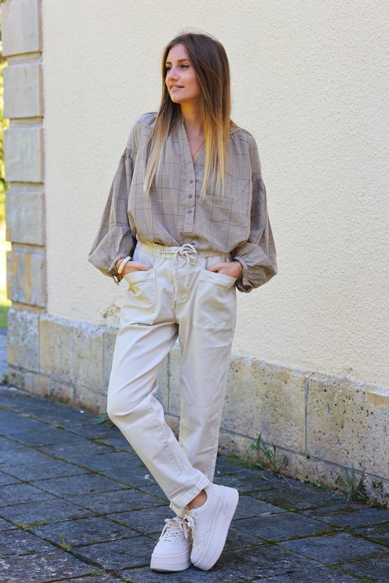 Audrey Beige High-Waist Paperbag Trousers