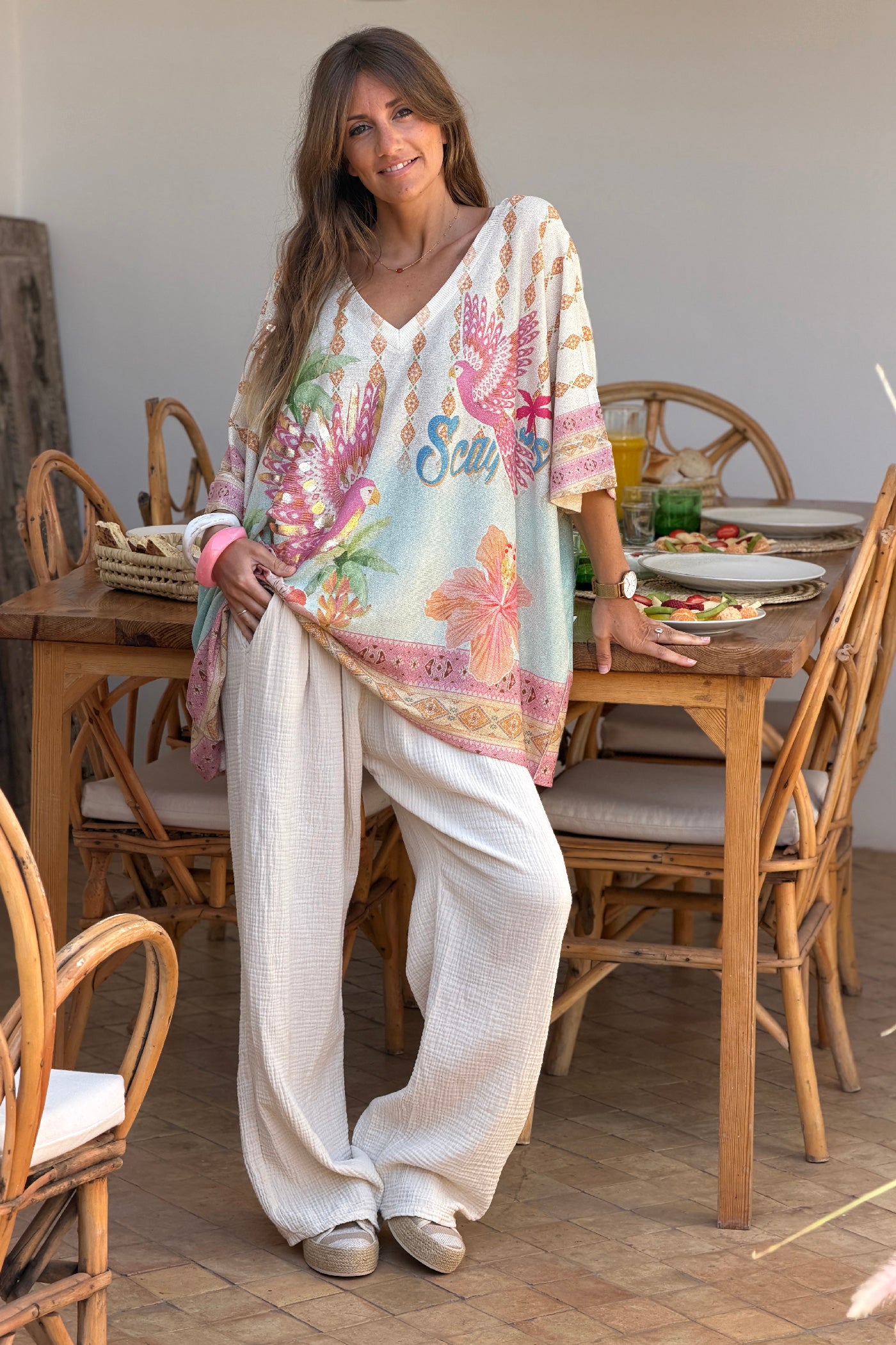 Pantalon beige droit en gaze de coton ceinture élastique