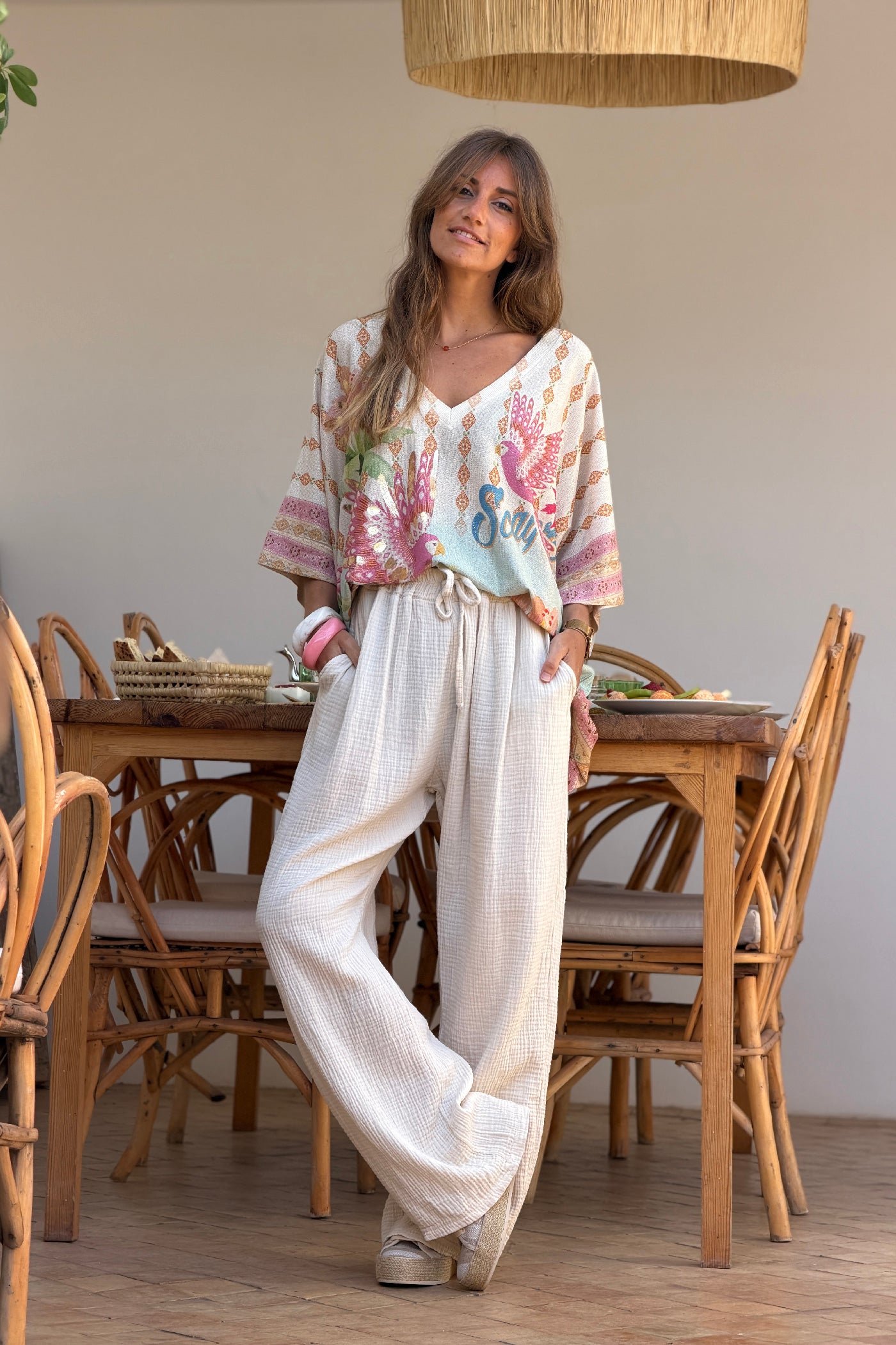 Pantalon beige droit en gaze de coton ceinture élastique