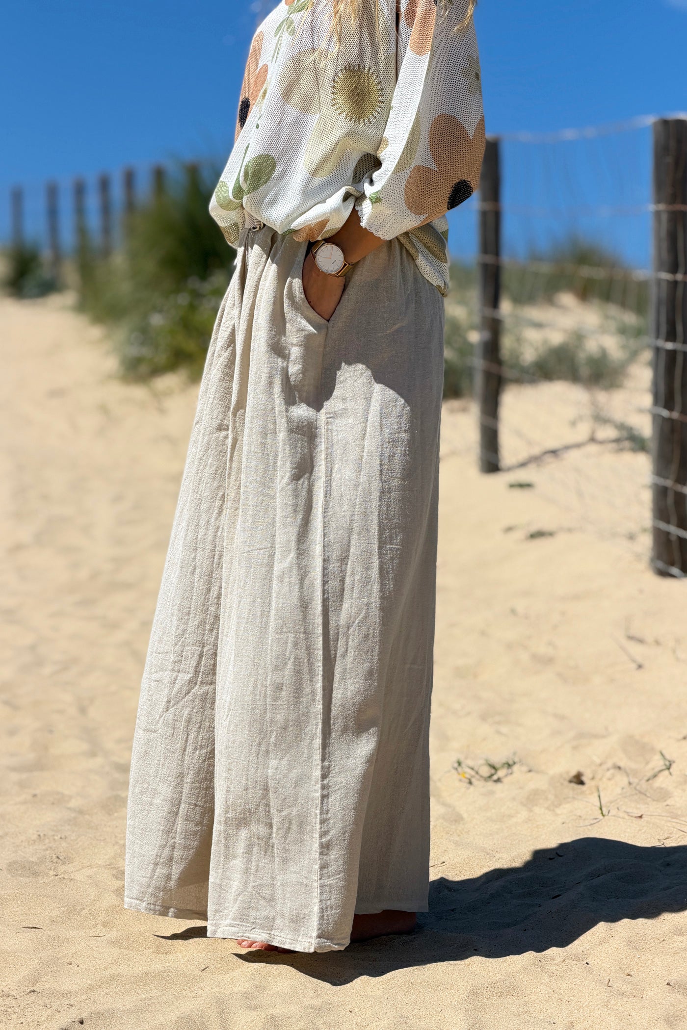 Beige Gauze Belted Ultra Wide-Leg Pants