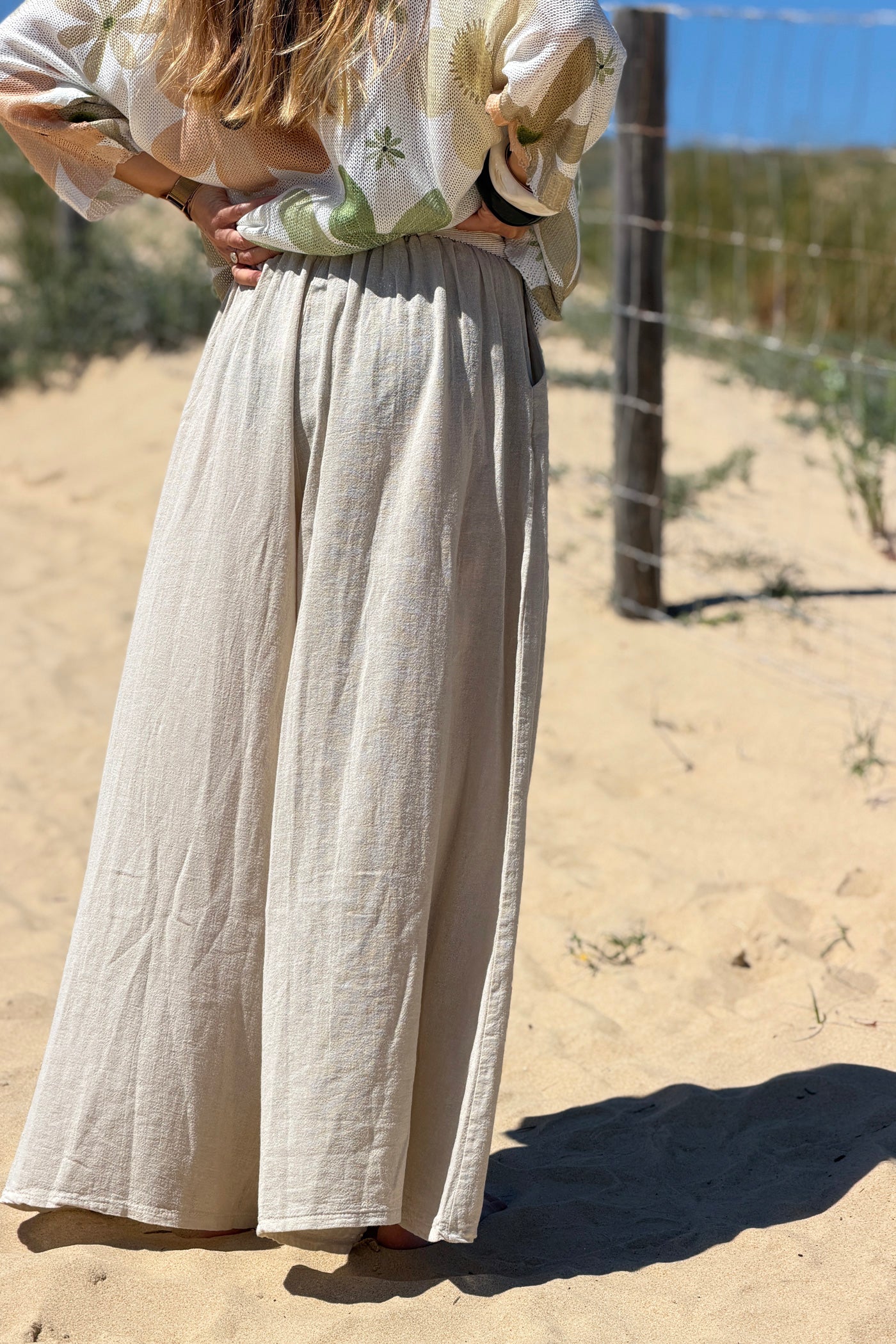 Beige Gauze Belted Ultra Wide-Leg Pants