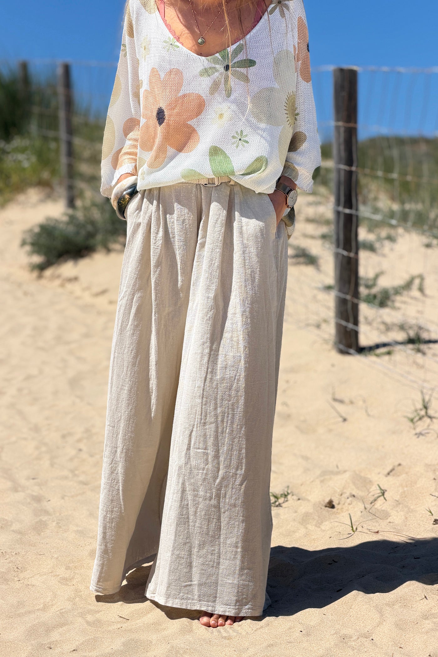 Beige Gauze Belted Ultra Wide-Leg Pants