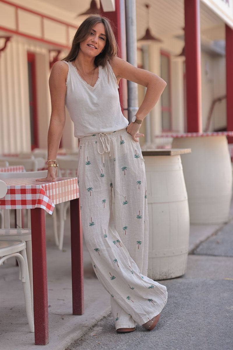 Pantalon beige en lin motif palmiers wide leg ceinture élastique